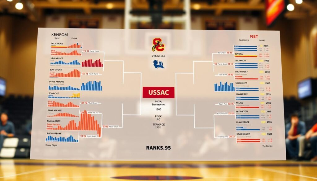 A detailed analysis of KenPom and NET rankings displayed in an engaging bracketology format. In the foreground, include colorful charts and graphs illustrating statistical movements of various college basketball teams, with focus on the USC Trojans. In the middle, show a well-organized bracket layout with team logos and ranks clearly positioned. In the background, subtle hints of a gymnasium or a basketball court ambiance, softly blurred, creating an immersive sports atmosphere. Use bright, dynamic lighting to enhance focus on the charts while keeping the background gentle. The angle should be slightly tilted for a modern look, exuding a sense of excitement and urgency around NCAA Tournament predictions and performance analytics.
