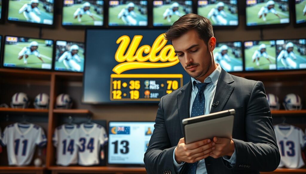 A dynamic sports analysis scene depicting UCLA football transfers. In the foreground, a professional sports analyst, wearing business attire, reviews player stats on a digital tablet, surrounded by video monitors showcasing clips of incoming transfer players in action on the field. The middle layer features a large screen displaying a vibrant UCLA football logo intertwined with player profiles and key statistics. The background captures a locker room environment, with jerseys and helmets, creating a team spirit atmosphere. Soft, focused lighting enhances the details of the players' highlights on the screens, while a shallow depth of field draws attention to the analyst's concentrated expression. The overall mood is analytical and energetic, emphasizing the excitement of the transfer season in college football. A dynamic sports analysis scene depicting UCLA football transfers. In the foreground, a professional sports analyst, wearing business attire, reviews player stats on a digital tablet, surrounded by video monitors showcasing clips of incoming transfer players in action on the field. The middle layer features a large screen displaying a vibrant UCLA football logo intertwined with player profiles and key statistics. The background captures a locker room environment, with jerseys and helmets, creating a team spirit atmosphere. Soft, focused lighting enhances the details of the players' highlights on the screens, while a shallow depth of field draws attention to the analyst's concentrated expression. The overall mood is analytical and energetic, emphasizing the excitement of the transfer season in college football.