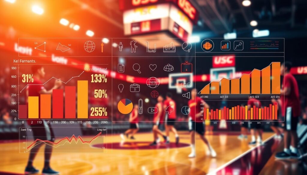 A dynamic sports analytics visualization focusing on USC Trojans basketball performance metrics, showcasing various key performance indicators (KPIs). In the foreground, visually striking graphs and charts display statistics such as shooting percentages, rebounds, assists, and turnovers, using vibrant colors. The middle ground features an overlay of basketball-themed icons and symbols, representing data-driven analysis in sports. In the background, a blurred image of a USC Trojans basketball court with players in professional basketball attire engaged in training, illuminated by bright arena lights. The atmosphere should feel energetic and focused, capturing the essence of performance metrics driven by competition and teamwork. The composition should be well-balanced, with a clear, professional appearance devoid of any text or annotations.