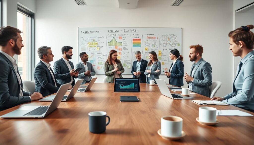 A professional office setting with a large wooden conference table at the foreground, featuring sleek laptops, notepads, and coffee mugs. In the middle, a diverse group of individuals dressed in smart casual attire is engaged in a dynamic discussion about roster strategies and player retention. Some are looking at a digital tablet displaying player analytics, while others take notes. In the background, a large whiteboard filled with colorful graphs, charts, and post-it notes reflects the influence of culture and NIL factors on team dynamics. The room is well-lit with soft, natural light streaming through large windows, creating a warm and collaborative atmosphere. The angle captures the camaraderie among the group, emphasizing teamwork and strategic planning. A professional office setting with a large wooden conference table at the foreground, featuring sleek laptops, notepads, and coffee mugs. In the middle, a diverse group of individuals dressed in smart casual attire is engaged in a dynamic discussion about roster strategies and player retention. Some are looking at a digital tablet displaying player analytics, while others take notes. In the background, a large whiteboard filled with colorful graphs, charts, and post-it notes reflects the influence of culture and NIL factors on team dynamics. The room is well-lit with soft, natural light streaming through large windows, creating a warm and collaborative atmosphere. The angle captures the camaraderie among the group, emphasizing teamwork and strategic planning.