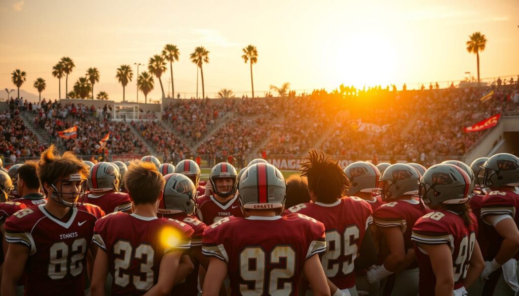 A vibrant, high-energy scene capturing the intensity of a Southern California high school football rivalry game. In the foreground, a group of diverse, enthusiastic high school players in their team's jerseys, displaying determination and camaraderie, preparing for the game. The middle ground features a packed stadium filled with excited fans waving banners and wearing team colors, embodying the passionate rivalry atmosphere. In the background, the sun sets over palm trees, casting a warm golden light that enhances the excitement. Capture the moment with a dynamic angle, highlighting the players in a huddle and fans in the stands, evoking a sense of nostalgia and community spirit. The mood is electric and competitive, perfect for illustrating classic SoCal football rivalries during rivalry week. A vibrant, high-energy scene capturing the intensity of a Southern California high school football rivalry game. In the foreground, a group of diverse, enthusiastic high school players in their team's jerseys, displaying determination and camaraderie, preparing for the game. The middle ground features a packed stadium filled with excited fans waving banners and wearing team colors, embodying the passionate rivalry atmosphere. In the background, the sun sets over palm trees, casting a warm golden light that enhances the excitement. Capture the moment with a dynamic angle, highlighting the players in a huddle and fans in the stands, evoking a sense of nostalgia and community spirit. The mood is electric and competitive, perfect for illustrating classic SoCal football rivalries during rivalry week.