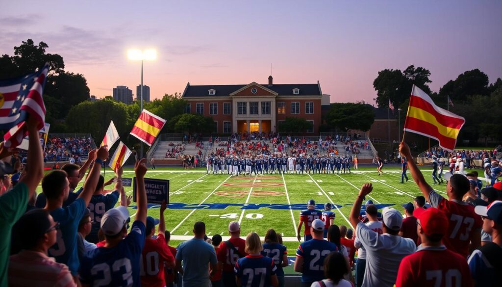 A vibrant high school football scene capturing rich traditions and community spirit during Rivalry Week. In the foreground, enthusiastic fans wearing school colors wave banners and wear jerseys, showcasing their pride and excitement. The middle ground features a classic football field under bright stadium lights, with players in matching uniforms preparing for the game, displaying a sense of camaraderie and competitive spirit. In the background, a historic school building symbolizes legacy and support, with trees lining the sidelines, creating a welcoming atmosphere. The lighting casts warm tones, emphasizing evening excitement. The image conveys a lively, spirited mood, highlighting the deep connections within the community and the importance of football traditions in California high schools. A vibrant high school football scene capturing rich traditions and community spirit during Rivalry Week. In the foreground, enthusiastic fans wearing school colors wave banners and wear jerseys, showcasing their pride and excitement. The middle ground features a classic football field under bright stadium lights, with players in matching uniforms preparing for the game, displaying a sense of camaraderie and competitive spirit. In the background, a historic school building symbolizes legacy and support, with trees lining the sidelines, creating a welcoming atmosphere. The lighting casts warm tones, emphasizing evening excitement. The image conveys a lively, spirited mood, highlighting the deep connections within the community and the importance of football traditions in California high schools.
