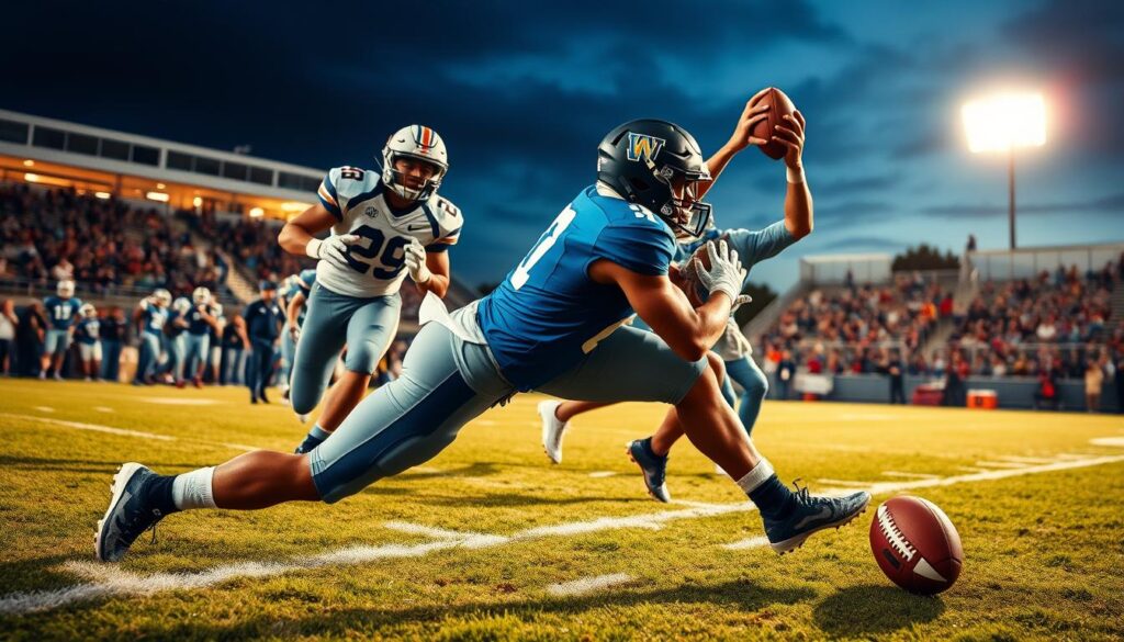 A dynamic scene capturing high school football defensive playmakers in action, showcasing a dramatic moment where a player executes a tackle for loss (TFL) and another intercepts a pass (INT). In the foreground, focus on a robust defensive player clad in a vibrant blue uniform, lunging to tackle an opposing runner. The middle ground features a second defender leaping to secure an interception, showcasing an intense expression of concentration. The background displays a lively football stadium under the bright evening lights, filled with cheering fans, creating a vibrant atmosphere. The composition uses a low-angle perspective to emphasize the athleticism and intensity of the players. The lighting enhances the colors of the uniforms, contrasting with the dusk sky, invoking a sense of excitement and energy in the air. A dynamic scene capturing high school football defensive playmakers in action, showcasing a dramatic moment where a player executes a tackle for loss (TFL) and another intercepts a pass (INT). In the foreground, focus on a robust defensive player clad in a vibrant blue uniform, lunging to tackle an opposing runner. The middle ground features a second defender leaping to secure an interception, showcasing an intense expression of concentration. The background displays a lively football stadium under the bright evening lights, filled with cheering fans, creating a vibrant atmosphere. The composition uses a low-angle perspective to emphasize the athleticism and intensity of the players. The lighting enhances the colors of the uniforms, contrasting with the dusk sky, invoking a sense of excitement and energy in the air.