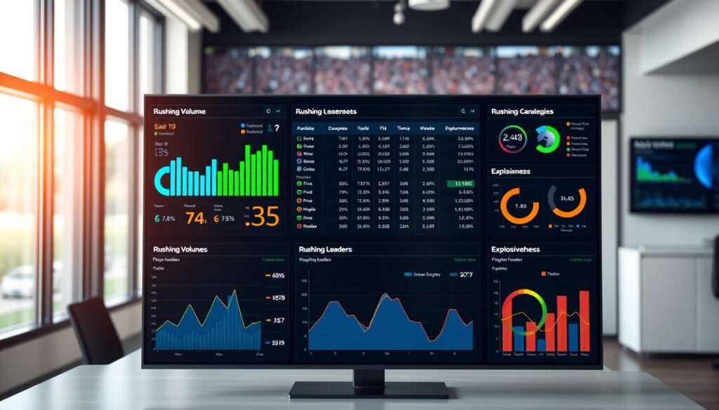 A sleek and modern analytics dashboard focused on rushing leaders in high school football, displayed prominently in a well-lit office environment. In the foreground, various interactive graphs and charts showcase rushing volume and explosiveness metrics, featuring vibrant colors like deep blue, bright green, and striking orange to highlight key statistics. The middle area includes a large central panel displaying player rankings, along with dynamic visual representations of performance data. In the background, a blurred image of a football field subtly enhances the theme, bathed in soft, natural lighting that creates an inspiring atmosphere. The camera angle is slightly angled from above, giving a comprehensive view of the dashboard while maintaining clarity on individual metrics, evoking a mood of professionalism and excitement around football analytics. A sleek and modern analytics dashboard focused on rushing leaders in high school football, displayed prominently in a well-lit office environment. In the foreground, various interactive graphs and charts showcase rushing volume and explosiveness metrics, featuring vibrant colors like deep blue, bright green, and striking orange to highlight key statistics. The middle area includes a large central panel displaying player rankings, along with dynamic visual representations of performance data. In the background, a blurred image of a football field subtly enhances the theme, bathed in soft, natural lighting that creates an inspiring atmosphere. The camera angle is slightly angled from above, giving a comprehensive view of the dashboard while maintaining clarity on individual metrics, evoking a mood of professionalism and excitement around football analytics.