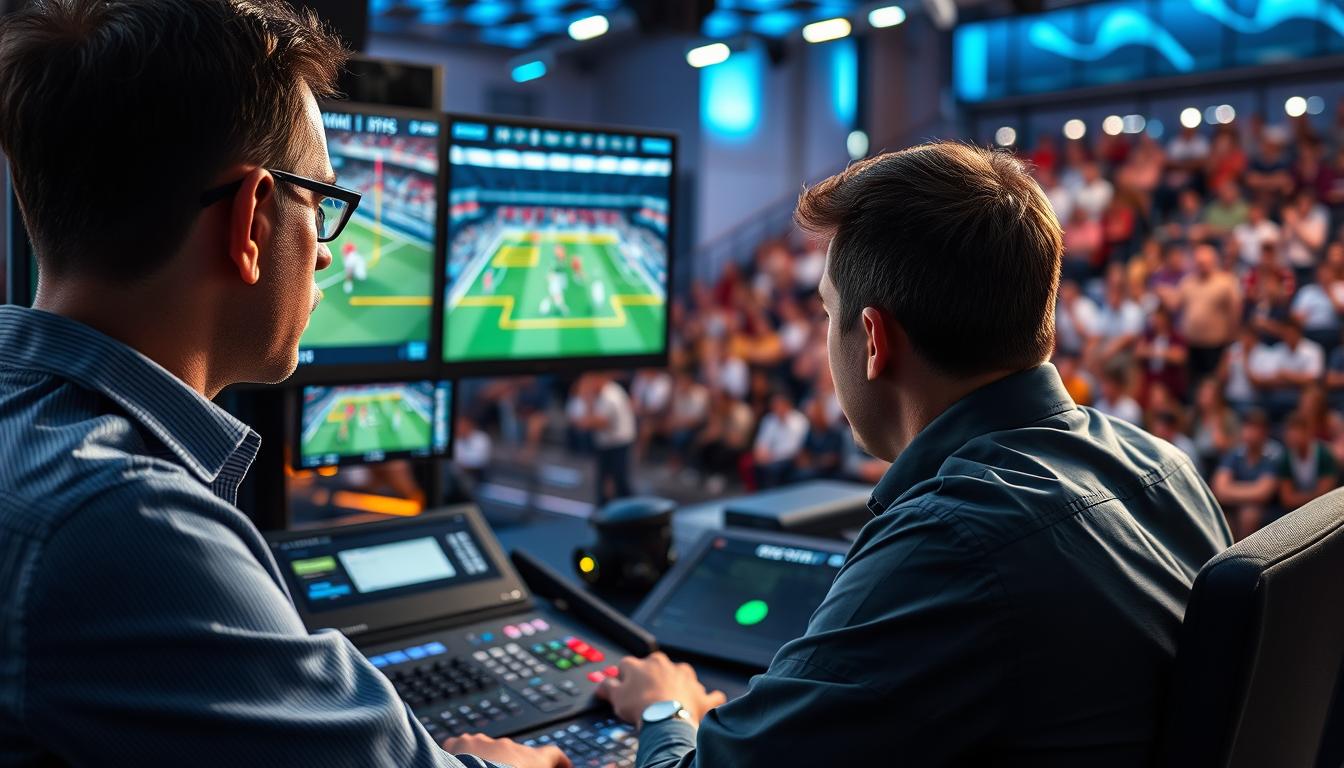 A dynamic sports analysis scene showcasing a replay of a critical sports moment, focusing on win probability swings. In the foreground, a professional EVS operator, dressed in smart casual attire, is intently monitoring multiple screens displaying various camera angles of the game. Telestration overlays highlight key player movements, with bright colors and transparent layers emphasizing tactical decisions. The middle ground features a high-tech broadcast studio, illuminated with cool blue and white lighting, enhancing the analytical atmosphere. In the background, blurred images of excited fans watching the game play out provide context and energy. The overall mood is intense and focused, capturing the essence of in-depth sports analysis with sharp detail and dynamic composition.
