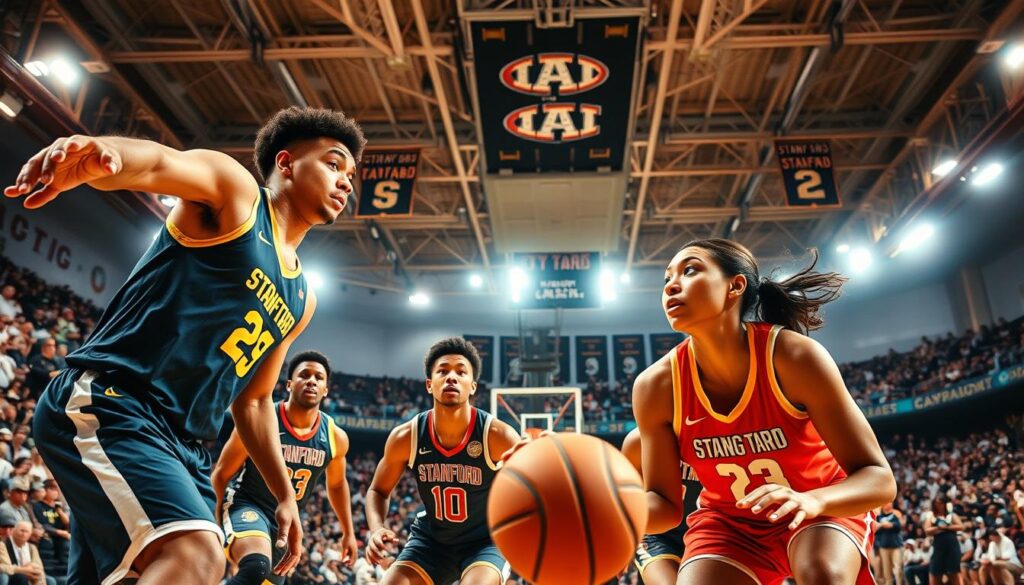 A dynamic basketball scene featuring standout players from Bay Area college teams (Cal, Stanford, Saint Mary’s, USF, and Santa Clara). In the foreground, diverse male and female athletes in professional sports attire, engaging in intense gameplay, with expressions of determination and teamwork. The middle ground showcases an indoor basketball court filled with enthusiastic fans, capturing the electric atmosphere of a competitive match. In the background, the bright arena lights shine down, creating a vibrant and focused ambiance, while banners and team logos subtly decorate the walls. The composition is shot at a low angle to emphasize the players’ skills, with a shallow depth of field that keeps the focus on them. The mood is inspiring and energetic, reflecting the spirit of college basketball in the Bay Area. A dynamic basketball scene featuring standout players from Bay Area college teams (Cal, Stanford, Saint Mary’s, USF, and Santa Clara). In the foreground, diverse male and female athletes in professional sports attire, engaging in intense gameplay, with expressions of determination and teamwork. The middle ground showcases an indoor basketball court filled with enthusiastic fans, capturing the electric atmosphere of a competitive match. In the background, the bright arena lights shine down, creating a vibrant and focused ambiance, while banners and team logos subtly decorate the walls. The composition is shot at a low angle to emphasize the players’ skills, with a shallow depth of field that keeps the focus on them. The mood is inspiring and energetic, reflecting the spirit of college basketball in the Bay Area.