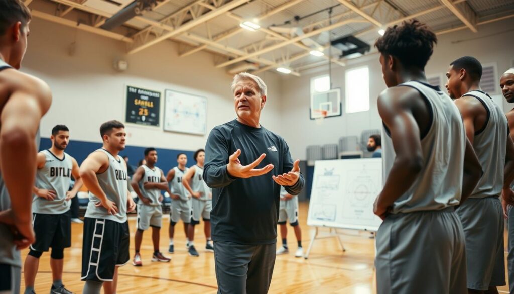 A vibrant basketball coaching scene set during a practice session at a Bay Area sports facility. In the foreground, a focused coach, dressed in professional athletic attire, is gesturing animatedly to a group of attentive players, who are dressed in matching team uniforms. In the middle ground, a whiteboard is visible with tactical diagrams illustrating offensive and defensive plays. The background features a basketball court with bright overhead lighting accentuating the dynamic atmosphere, while a few spectators in the stands observe the intensity. The angle captures both the coach and the players, emphasizing their engagement and teamwork. The overall mood conveys determination and strategy, reflecting the essence of coaching adjustments and rotation shifts in basketball. A vibrant basketball coaching scene set during a practice session at a Bay Area sports facility. In the foreground, a focused coach, dressed in professional athletic attire, is gesturing animatedly to a group of attentive players, who are dressed in matching team uniforms. In the middle ground, a whiteboard is visible with tactical diagrams illustrating offensive and defensive plays. The background features a basketball court with bright overhead lighting accentuating the dynamic atmosphere, while a few spectators in the stands observe the intensity. The angle captures both the coach and the players, emphasizing their engagement and teamwork. The overall mood conveys determination and strategy, reflecting the essence of coaching adjustments and rotation shifts in basketball.