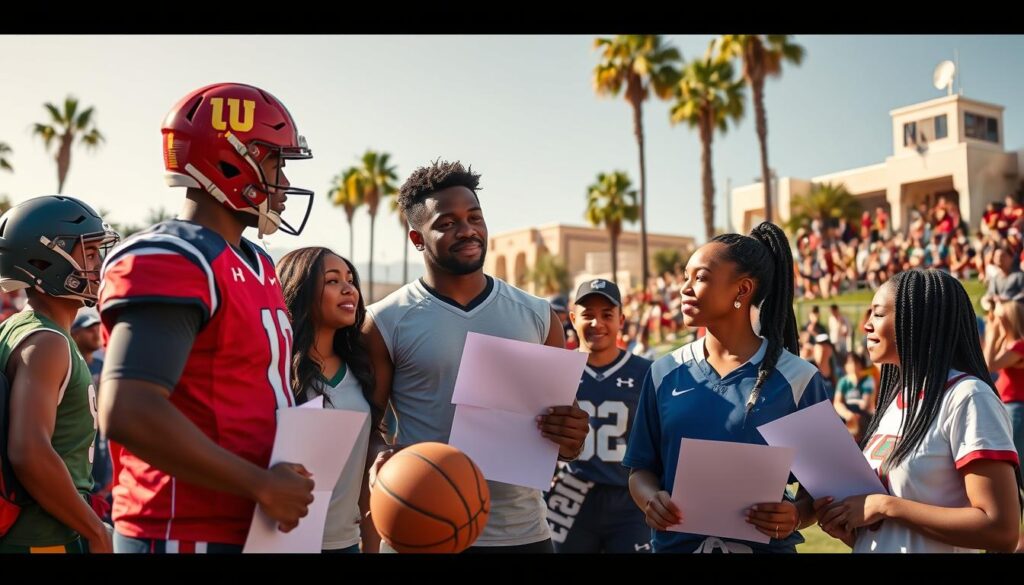 A vibrant scene capturing the essence of California college sports sponsorship through NIL deals. In the foreground, a diverse group of student-athletes, dressed in professional athletic gear, are engaged in discussions, holding contracts and branded merchandise, symbolizing their new opportunities. In the middle ground, iconic elements of college football and basketball are highlighted, such as a football helmet and a basketball, along with uplifting visuals of Olympic sports like track and swimming gear. The background features a sunny California campus with palm trees, academic buildings, and enthusiastic fans, creating an energetic atmosphere. The lighting is bright and warm, evoking a sense of hope and excitement, with a slightly elevated perspective to capture the interaction and environment effectively.