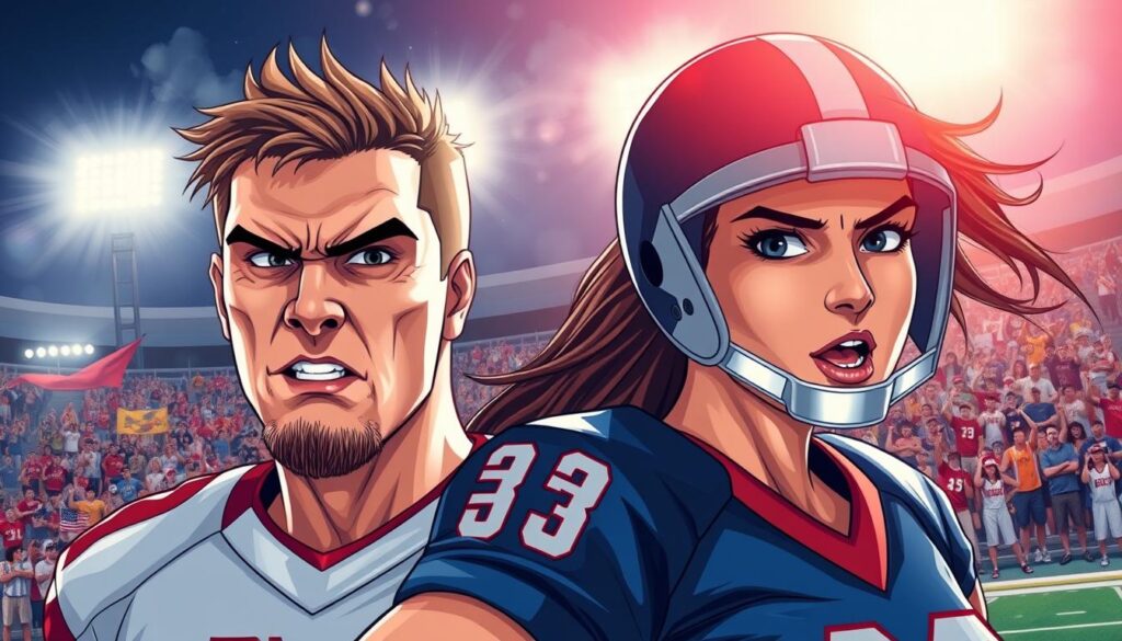 A dynamic illustration capturing the essence of "rivalry history moments" in a sports context. In the foreground, depict two intense competitors, a male and a female athlete, dressed in professional sports uniforms, expressing fierce determination and passion. Their facial expressions convey the heat of competition. In the middle ground, include a vibrant crowd of fans, waving banners and flags, showcasing team colors, evoking a spirited atmosphere. The background should feature a classic stadium under bright, dramatic floodlights, emphasizing the tension and excitement of rivalry week. Use a wide-angle lens perspective to create depth and focus on the athletes, enhancing the sense of urgency and legacy. The overall mood should be electric, filled with anticipation and history, capturing the cultural significance of these renowned rivalries. A dynamic illustration capturing the essence of "rivalry history moments" in a sports context. In the foreground, depict two intense competitors, a male and a female athlete, dressed in professional sports uniforms, expressing fierce determination and passion. Their facial expressions convey the heat of competition. In the middle ground, include a vibrant crowd of fans, waving banners and flags, showcasing team colors, evoking a spirited atmosphere. The background should feature a classic stadium under bright, dramatic floodlights, emphasizing the tension and excitement of rivalry week. Use a wide-angle lens perspective to create depth and focus on the athletes, enhancing the sense of urgency and legacy. The overall mood should be electric, filled with anticipation and history, capturing the cultural significance of these renowned rivalries.