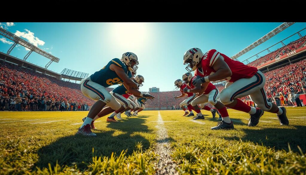 A dynamic scene depicting a football line play on a grassy field, capturing the essence of tackling efficiency. In the foreground, two athletes in vibrant football uniforms engage in a fierce tackle, showcasing muscular physiques and focused expressions. The middle ground features other players preparing for the play, strategically positioning themselves with intense determination. The background reveals the outline of a stadium filled with excited fans under a bright blue sky, creating an atmosphere of energy and exhilaration. The sunlight casts dynamic shadows, enhancing the depth of the image, while a low-angle perspective emphasizes the action. The overall mood conveys intensity and teamwork, with a clear focus on the mechanics of effective tackling in football.