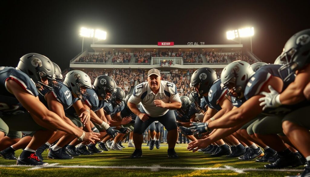A dynamic scene showcasing high school football players in the trenches, illustrating the strength and teamwork of offensive linemen and defensive linemen. In the foreground, a diverse group of athletes pushes against each other in full gear, their intense expressions and muscular builds highlighting the determination and grit required in the game. The middle ground features a coach cheering passionately, emphasizing motivation. Behind them, a stadium filled with cheering fans under bright stadium lights creates an electric atmosphere, with the setting sun casting a warm glow. The lens captures a dramatic angle, focusing on the players’ athleticism, while the depth of field blurs the audience slightly, directing attention to the action in the foreground. The overall mood is energetic and inspiring, showcasing the unsung heroes of football. A dynamic scene showcasing high school football players in the trenches, illustrating the strength and teamwork of offensive linemen and defensive linemen. In the foreground, a diverse group of athletes pushes against each other in full gear, their intense expressions and muscular builds highlighting the determination and grit required in the game. The middle ground features a coach cheering passionately, emphasizing motivation. Behind them, a stadium filled with cheering fans under bright stadium lights creates an electric atmosphere, with the setting sun casting a warm glow. The lens captures a dramatic angle, focusing on the players’ athleticism, while the depth of field blurs the audience slightly, directing attention to the action in the foreground. The overall mood is energetic and inspiring, showcasing the unsung heroes of football.
