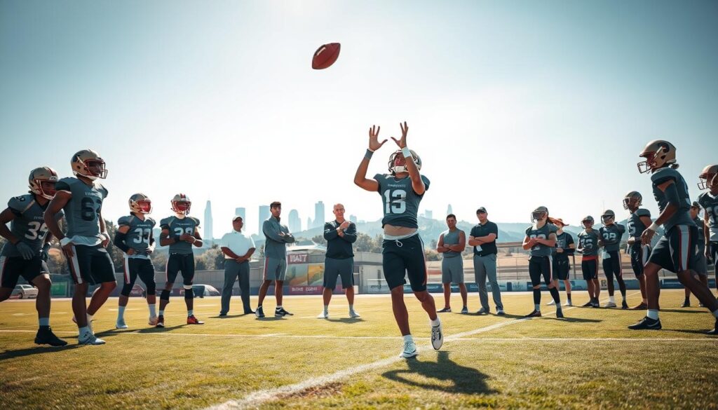 A vibrant and dynamic scene depicting Bay Area high school football prospects during a recruiting event. In the foreground, several young athletes in professional athletic gear, such as jerseys and shorts, show determination and focus as they perform drills and skills tests. One player, in the center, executes a perfect catch while a coach observes closely, clipboard in hand. In the middle ground, a group of recruiters watch intently from the sidelines, taking notes and discussing potential talent. The background features a well-maintained football field with the iconic Bay Area skyline subtly visible under a bright, sunny sky. The atmosphere is energetic and hopeful,capturing the excitement of recruiting season, with natural lighting illuminating the athletes' physiques and expressions. The lens is positioned at a slight angle, enhancing the depth of field and drawing attention to the action.