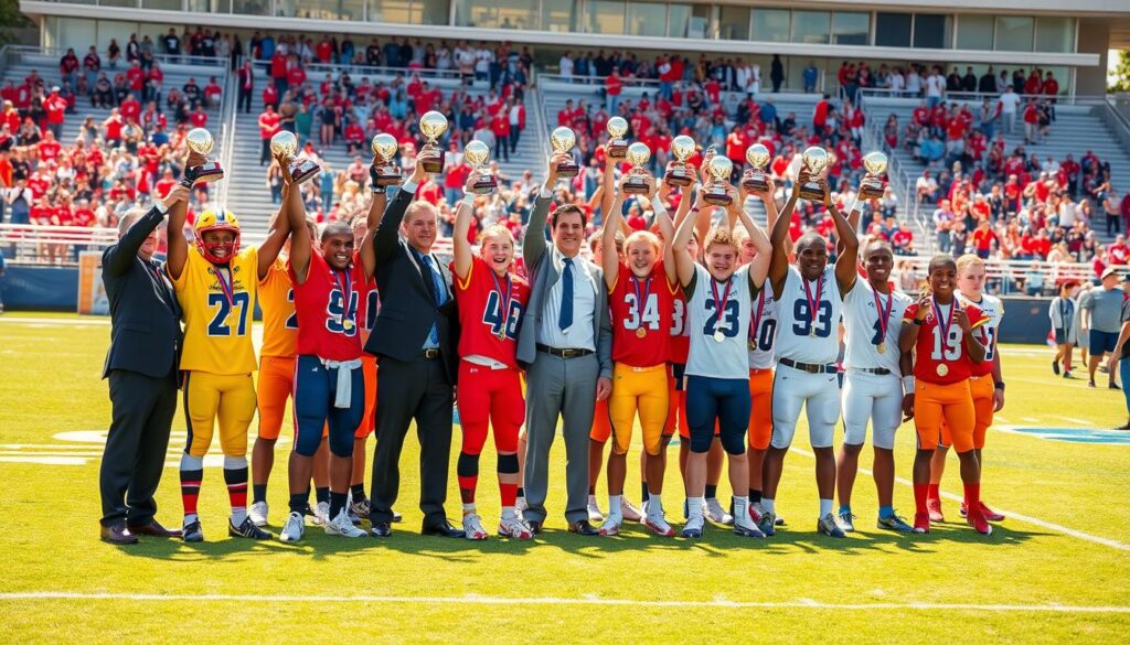 A vibrant and dynamic scene showcasing a diverse group of young athletes celebrating their achievements on a sunny outdoor sports field. In the foreground, several high school football players, wearing colorful uniforms, are proudly holding trophies aloft, their expressions a mix of joy and pride. A few standout individuals dressed in professional business attire stand nearby, representing coaches and mentors. In the middle ground, teammates are gathered, some exchanging high-fives, while others display medals around their necks, emphasizing camaraderie and recognition. The background features a blurred stadium filled with cheering fans, creating an atmosphere of excitement and celebration. The lighting is warm and bright, capturing the essence of a festive sports day. Shot with a wide-angle lens to convey the bustling energy of the event, without any text or logos present. A vibrant and dynamic scene showcasing a diverse group of young athletes celebrating their achievements on a sunny outdoor sports field. In the foreground, several high school football players, wearing colorful uniforms, are proudly holding trophies aloft, their expressions a mix of joy and pride. A few standout individuals dressed in professional business attire stand nearby, representing coaches and mentors. In the middle ground, teammates are gathered, some exchanging high-fives, while others display medals around their necks, emphasizing camaraderie and recognition. The background features a blurred stadium filled with cheering fans, creating an atmosphere of excitement and celebration. The lighting is warm and bright, capturing the essence of a festive sports day. Shot with a wide-angle lens to convey the bustling energy of the event, without any text or logos present.