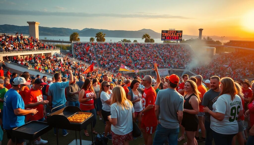 A vibrant scene showcasing game-day traditions in California, centered around a spirited college football rivalry. In the foreground, a diverse group of enthusiastic fans, dressed in team colors and modest casual attire, gather to tailgate. Some are preparing food on portable grills, while others enjoy pre-game festivities. In the middle, a packed stadium filled with excited spectators, waving banners and holding signs, exuding an electric atmosphere. The background features iconic California landmarks, illuminated by the warm glow of a late afternoon sun, adding depth and context. The image conveys a sense of community and tradition, capturing the excitement and anticipation of rivalry week. Use a wide-angle shot to emphasize the crowd and festivities, with soft lighting to enhance the lively yet warm mood. A vibrant scene showcasing game-day traditions in California, centered around a spirited college football rivalry. In the foreground, a diverse group of enthusiastic fans, dressed in team colors and modest casual attire, gather to tailgate. Some are preparing food on portable grills, while others enjoy pre-game festivities. In the middle, a packed stadium filled with excited spectators, waving banners and holding signs, exuding an electric atmosphere. The background features iconic California landmarks, illuminated by the warm glow of a late afternoon sun, adding depth and context. The image conveys a sense of community and tradition, capturing the excitement and anticipation of rivalry week. Use a wide-angle shot to emphasize the crowd and festivities, with soft lighting to enhance the lively yet warm mood.