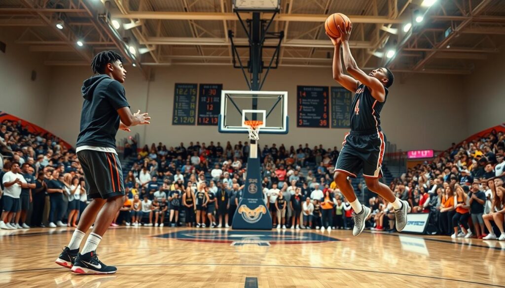 A basketball court scene capturing a split action moment illustrating "catch and shoot" versus "pull up" shooting techniques. In the foreground, two players wear fashionable athletic gear, both in focused stances; one is poised to catch a pass while the other showcases a powerful pull-up jump shot. The middle ground features the basketball hoop and a dynamic crowd of spectators, accentuating the excitement of the game. The background includes gymnasium details, like team banners and scoreboard lights reflecting an energetic atmosphere. The lighting is bright, mimicking a well-lit arena, with shadows that emphasize movement. The angle is slightly elevated to showcase the action from a spectator's perspective, creating an engaging and professional sports environment. A basketball court scene capturing a split action moment illustrating "catch and shoot" versus "pull up" shooting techniques. In the foreground, two players wear fashionable athletic gear, both in focused stances; one is poised to catch a pass while the other showcases a powerful pull-up jump shot. The middle ground features the basketball hoop and a dynamic crowd of spectators, accentuating the excitement of the game. The background includes gymnasium details, like team banners and scoreboard lights reflecting an energetic atmosphere. The lighting is bright, mimicking a well-lit arena, with shadows that emphasize movement. The angle is slightly elevated to showcase the action from a spectator's perspective, creating an engaging and professional sports environment.