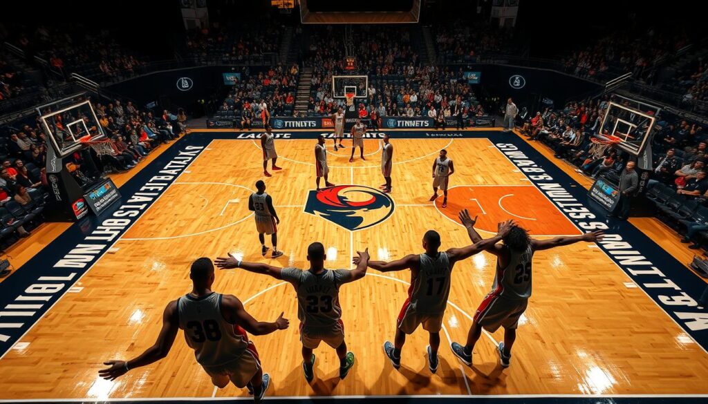 A basketball court viewed from a high angle, showcasing two distinct lineups. In the foreground, a focused group of five players in professional sports uniforms, demonstrating spacing techniques with arms extended and poised for dynamic movement. The middle section captures another group of players strategically positioned, emphasizing bench stagger minutes. The background features a vibrant crowd in a well-lit arena, with dramatic lighting illuminating the court's hardwood surface. The atmosphere is energetic and competitive, showcasing the pacing and tactical nuances of the game. The angle highlights both offensive and defensive formations, with attention to detail in player expressions and the court markings. A basketball court viewed from a high angle, showcasing two distinct lineups. In the foreground, a focused group of five players in professional sports uniforms, demonstrating spacing techniques with arms extended and poised for dynamic movement. The middle section captures another group of players strategically positioned, emphasizing bench stagger minutes. The background features a vibrant crowd in a well-lit arena, with dramatic lighting illuminating the court's hardwood surface. The atmosphere is energetic and competitive, showcasing the pacing and tactical nuances of the game. The angle highlights both offensive and defensive formations, with attention to detail in player expressions and the court markings.