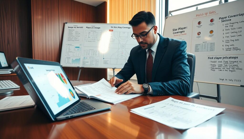A basketball scout in a professional office setting, focused on analyzing data on an opponent's strengths and weaknesses. In the foreground, the scout, dressed in a smart business suit, is intently examining charts and player statistics on a laptop, with notes and graphs spread across a polished wooden desk. The middle ground features a large whiteboard filled with strategic plays and match-up notes, highlighting star player coverages and bench player performance indicators. In the background, a tall window lets in warm, natural light, creating a productive and determined atmosphere. The camera angle is slightly above eye level, capturing the scout's concentration and the organized workspace. The overall mood is one of strategic planning and professional diligence in the world of basketball analysis. A basketball scout in a professional office setting, focused on analyzing data on an opponent's strengths and weaknesses. In the foreground, the scout, dressed in a smart business suit, is intently examining charts and player statistics on a laptop, with notes and graphs spread across a polished wooden desk. The middle ground features a large whiteboard filled with strategic plays and match-up notes, highlighting star player coverages and bench player performance indicators. In the background, a tall window lets in warm, natural light, creating a productive and determined atmosphere. The camera angle is slightly above eye level, capturing the scout's concentration and the organized workspace. The overall mood is one of strategic planning and professional diligence in the world of basketball analysis.