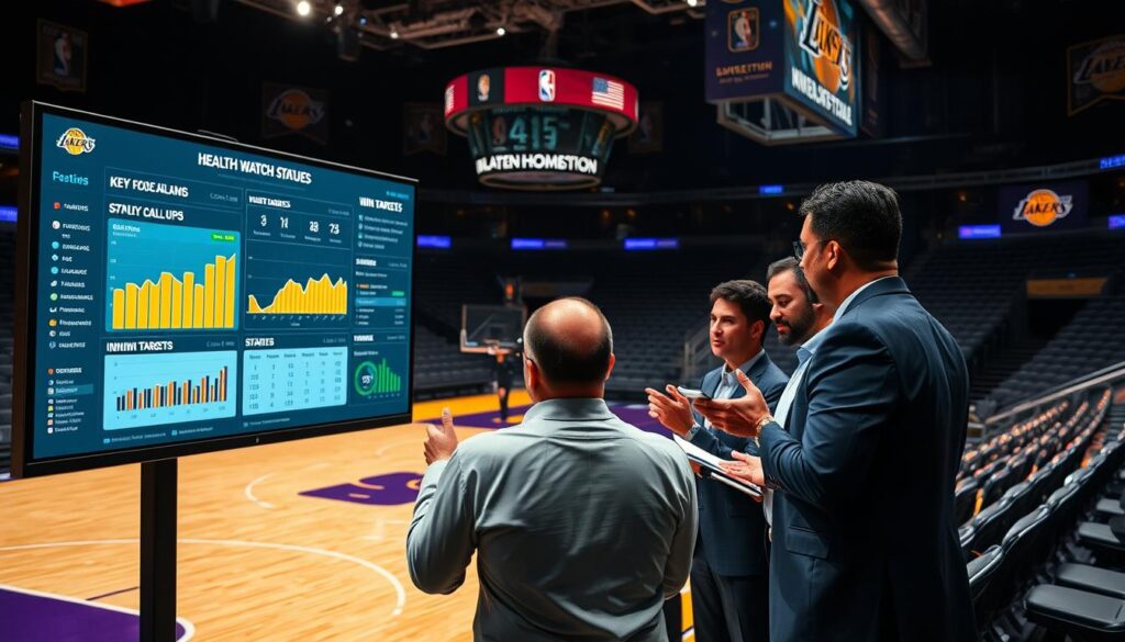 A detailed analysis of a basketball homestand, focusing on health watch statuses and player call-ups. In the foreground, a large digital sports analytics screen displays key player statistics, injury updates, and win targets, with vibrant graphs and charts. The middle layer features a group of diverse, professionally dressed sports analysts engaged in discussion, pointing at the screen and taking notes, capturing a dynamic teamwork atmosphere. The background showcases a dimly lit basketball arena with a polished hardwood floor and Lakers banners, evoking anticipation and excitement. Soft spotlighting highlights the analysts and the screen, creating a focused and intense mood, while shadows add depth to the scene. The image should appear sharp, as if captured with a 24mm lens, emphasizing the collaborative effort of strategizing for the upcoming games. A detailed analysis of a basketball homestand, focusing on health watch statuses and player call-ups. In the foreground, a large digital sports analytics screen displays key player statistics, injury updates, and win targets, with vibrant graphs and charts. The middle layer features a group of diverse, professionally dressed sports analysts engaged in discussion, pointing at the screen and taking notes, capturing a dynamic teamwork atmosphere. The background showcases a dimly lit basketball arena with a polished hardwood floor and Lakers banners, evoking anticipation and excitement. Soft spotlighting highlights the analysts and the screen, creating a focused and intense mood, while shadows add depth to the scene. The image should appear sharp, as if captured with a 24mm lens, emphasizing the collaborative effort of strategizing for the upcoming games.