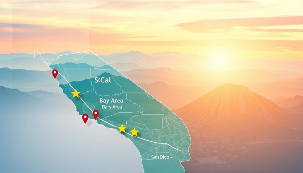 A detailed regional map of California highlighting under-the-radar high school prospects, featuring distinct areas labeled as SoCal, Bay Area, Central Valley, and San Diego. In the foreground, vibrant markers indicate promising high school locations, creatively illustrated with star icons. The middle ground showcases an artistic representation of California's diverse landscapes—mountains, coastlines, and urban centers—infused with subtle gradients of blue and green tones. The background should fade into a soft, pastel sky that transitions from warm sunset hues to cool twilight shades, creating an engaging atmosphere that invites exploration. The lighting is warm and inviting, casting a hopeful glow over the regions. Ensure a balanced composition that emphasizes the state’s geographic diversity and the hidden talent within, maintaining a professional and polished look without any text or overlays. A detailed regional map of California highlighting under-the-radar high school prospects, featuring distinct areas labeled as SoCal, Bay Area, Central Valley, and San Diego. In the foreground, vibrant markers indicate promising high school locations, creatively illustrated with star icons. The middle ground showcases an artistic representation of California's diverse landscapes—mountains, coastlines, and urban centers—infused with subtle gradients of blue and green tones. The background should fade into a soft, pastel sky that transitions from warm sunset hues to cool twilight shades, creating an engaging atmosphere that invites exploration. The lighting is warm and inviting, casting a hopeful glow over the regions. Ensure a balanced composition that emphasizes the state’s geographic diversity and the hidden talent within, maintaining a professional and polished look without any text or overlays.