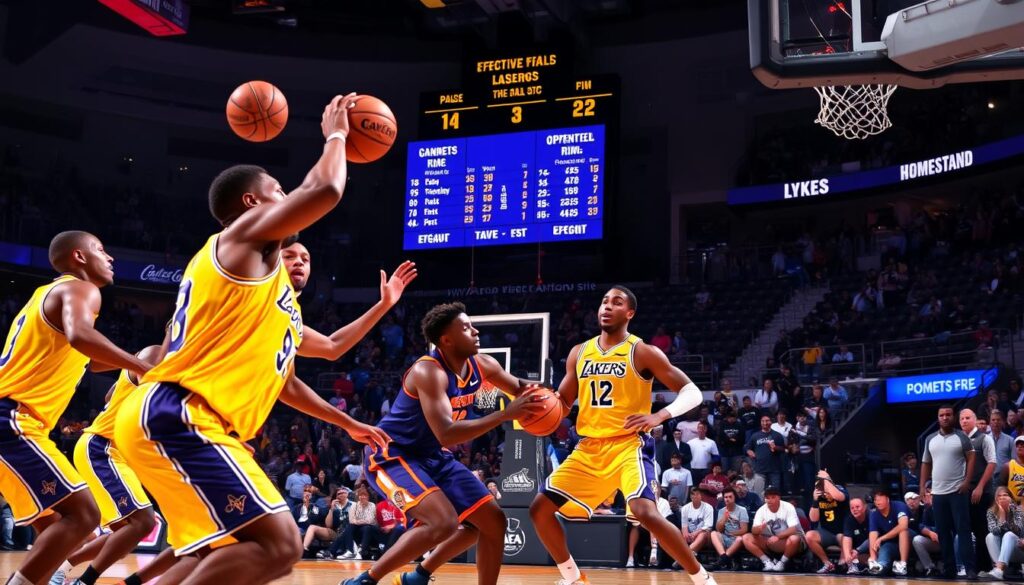 A dynamic sports scene focusing on an intense basketball game featuring the Los Angeles Lakers. In the foreground, a diverse group of players in official Lakers uniforms competes fiercely for the ball, showcasing agility and determination. The middle ground highlights an arena filled with passionate fans, wearing Lakers merchandise, cheering enthusiastically. The background features a high-tech scoreboard displaying key statistics like pace, effective field goal percentage (eFG%), free throw rate, and opponent rim attempts, creating an analytical atmosphere. The lighting is dramatic, with spotlights illuminating the court, while ambient light reflects off vibrant team colors. The shot is captured from a slightly elevated angle, conveying the energy and urgency of the matchup, evoking excitement and anticipation for the homestand. A dynamic sports scene focusing on an intense basketball game featuring the Los Angeles Lakers. In the foreground, a diverse group of players in official Lakers uniforms competes fiercely for the ball, showcasing agility and determination. The middle ground highlights an arena filled with passionate fans, wearing Lakers merchandise, cheering enthusiastically. The background features a high-tech scoreboard displaying key statistics like pace, effective field goal percentage (eFG%), free throw rate, and opponent rim attempts, creating an analytical atmosphere. The lighting is dramatic, with spotlights illuminating the court, while ambient light reflects off vibrant team colors. The shot is captured from a slightly elevated angle, conveying the energy and urgency of the matchup, evoking excitement and anticipation for the homestand.