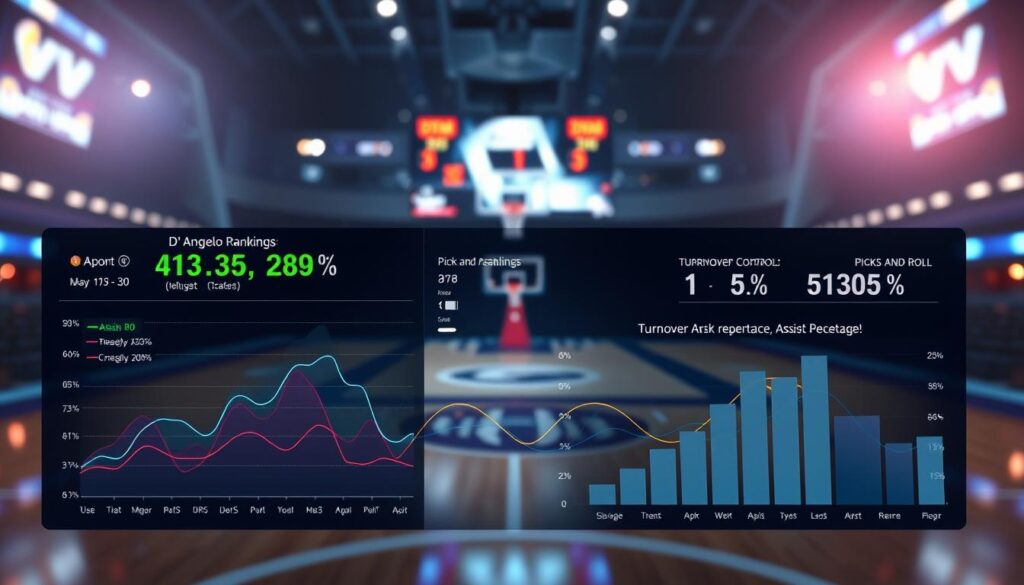 A futuristic sports analytics dashboard showcasing D'Angelo Russell's playmaking assist percentage and turnover rate analysis. In the foreground, sleek graphs displaying colorful data points and percentages, with a focus on assist points created by passes and turnover control metrics. The middle layer features a visual representation of pick and roll rankings, interconnected lines and bar charts merging seamlessly with the data graphics. In the background, a blurred basketball court setting, highlighting a digital scoreboard with ambient stadium lights illuminating the scene. The mood is focused and analytical, conveying a sense of professionalism and depth. Capture the essence of sports analytics with a high-tech aesthetic, emphasizing clarity and precision, with a slight overhead angle to enhance the depth of the visual data. A futuristic sports analytics dashboard showcasing D'Angelo Russell's playmaking assist percentage and turnover rate analysis. In the foreground, sleek graphs displaying colorful data points and percentages, with a focus on assist points created by passes and turnover control metrics. The middle layer features a visual representation of pick and roll rankings, interconnected lines and bar charts merging seamlessly with the data graphics. In the background, a blurred basketball court setting, highlighting a digital scoreboard with ambient stadium lights illuminating the scene. The mood is focused and analytical, conveying a sense of professionalism and depth. Capture the essence of sports analytics with a high-tech aesthetic, emphasizing clarity and precision, with a slight overhead angle to enhance the depth of the visual data.