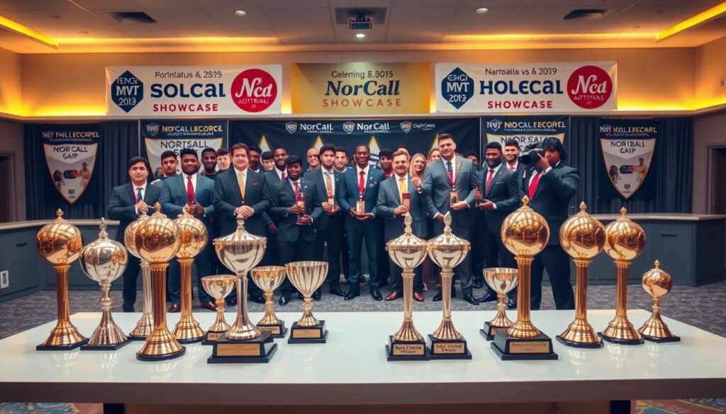 A lavish football awards ceremony setting in a well-lit hall, featuring elegantly arranged trophies and medals displayed prominently on a sleek table in the foreground. In the middle, a diverse group of athletes in professional business attire, including suits and ties, proudly holding their MVP awards, gathered in small groups, smiling and congratulating each other. The background showcases banners celebrating the NorCal vs SoCal showcase event, with warm, golden lighting casting a celebratory glow over the scene. A photographer captures the moment with a DSLR camera using a 50mm lens, creating a shallow depth of field that softens the background, enhancing the vibrant atmosphere of achievement and camaraderie. A lavish football awards ceremony setting in a well-lit hall, featuring elegantly arranged trophies and medals displayed prominently on a sleek table in the foreground. In the middle, a diverse group of athletes in professional business attire, including suits and ties, proudly holding their MVP awards, gathered in small groups, smiling and congratulating each other. The background showcases banners celebrating the NorCal vs SoCal showcase event, with warm, golden lighting casting a celebratory glow over the scene. A photographer captures the moment with a DSLR camera using a 50mm lens, creating a shallow depth of field that softens the background, enhancing the vibrant atmosphere of achievement and camaraderie.