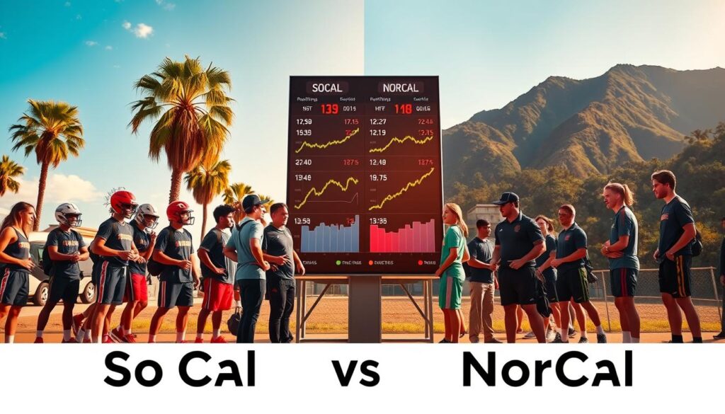A split scene illustrating "SoCal vs NorCal recruiting stock analysis." In the foreground, two groups of young athletes in professional sports attire engage in discussions, showcasing their athletic gear. The left side represents Southern California with palm trees, sunny skies, and a vibrant beach setting, while the right side depicts Northern California's lush greenery and mountainous background. In the middle ground, a large scoreboard displays fluctuating stock-like graphs, visually depicting player stock trends—some rising and others falling—with arrows indicating movement. The lighting is warm and energetic for SoCal, transitioning to a cooler, focused atmosphere for NorCal, symbolizing the competitive spirit. Use a wide-angle lens effect to capture both regions distinctly while maintaining balance in the composition. The overall mood is dynamic and professional, reflecting the intense recruiting landscape in youth sports. A split scene illustrating "SoCal vs NorCal recruiting stock analysis." In the foreground, two groups of young athletes in professional sports attire engage in discussions, showcasing their athletic gear. The left side represents Southern California with palm trees, sunny skies, and a vibrant beach setting, while the right side depicts Northern California's lush greenery and mountainous background. In the middle ground, a large scoreboard displays fluctuating stock-like graphs, visually depicting player stock trends—some rising and others falling—with arrows indicating movement. The lighting is warm and energetic for SoCal, transitioning to a cooler, focused atmosphere for NorCal, symbolizing the competitive spirit. Use a wide-angle lens effect to capture both regions distinctly while maintaining balance in the composition. The overall mood is dynamic and professional, reflecting the intense recruiting landscape in youth sports.