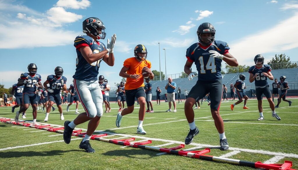 A vibrant football recruiting camp scene showcasing high school athletes performing various training drills. In the foreground, a group of diverse players in professional athletic attire engages in agility ladder drills, showing their speed and control. In the middle, coaches observe and provide feedback, while other athletes practice passing and receiving techniques. The background features a well-maintained football field, marked with yard lines and goalposts, under a bright, clear blue sky with soft, diffused sunlight highlighting the players. The atmosphere is energetic and focused, capturing the essence of hard work and ambition in a competitive environment. The perspective is slightly elevated, giving an overview of the camp while emphasizing the action on the field. A vibrant football recruiting camp scene showcasing high school athletes performing various training drills. In the foreground, a group of diverse players in professional athletic attire engages in agility ladder drills, showing their speed and control. In the middle, coaches observe and provide feedback, while other athletes practice passing and receiving techniques. The background features a well-maintained football field, marked with yard lines and goalposts, under a bright, clear blue sky with soft, diffused sunlight highlighting the players. The atmosphere is energetic and focused, capturing the essence of hard work and ambition in a competitive environment. The perspective is slightly elevated, giving an overview of the camp while emphasizing the action on the field.