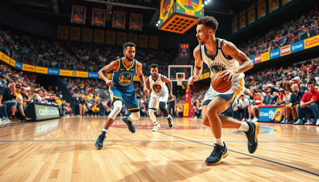 A dynamic basketball scene capturing Steph Curry in the foreground, dribbling the ball with determination as he navigates around an imaginary defender, embodying his signature quickness and skill. In the middle ground, Draymond Green sets a strategic screen, showcasing their two-man game strategy, while the background features a vibrant basketball court with fans cheering in high spirits, colorful team banners hanging from the rafters. The lighting is bright and intense, simulating an energetic game atmosphere, with sharp shadows cast on the polished hardwood floor. The perspective is slightly low, emphasizing the intensity and athleticism of the players. The overall mood is competitive and exhilarating, embodying the high stakes of the California Classic rivalry. A dynamic basketball scene capturing Steph Curry in the foreground, dribbling the ball with determination as he navigates around an imaginary defender, embodying his signature quickness and skill. In the middle ground, Draymond Green sets a strategic screen, showcasing their two-man game strategy, while the background features a vibrant basketball court with fans cheering in high spirits, colorful team banners hanging from the rafters. The lighting is bright and intense, simulating an energetic game atmosphere, with sharp shadows cast on the polished hardwood floor. The perspective is slightly low, emphasizing the intensity and athleticism of the players. The overall mood is competitive and exhilarating, embodying the high stakes of the California Classic rivalry.