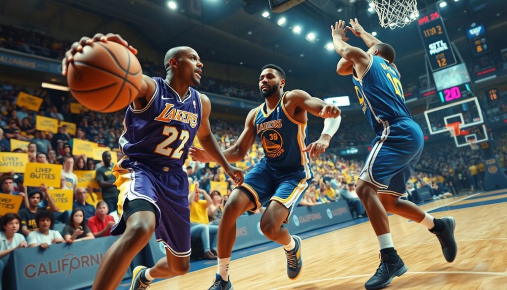 A dynamic basketball scene capturing a fierce rivalry between the California Classic Lakers and the Warriors. In the foreground, focus on an aggressive player in a purple Lakers jersey making a powerful drive toward the basket, eyes locked on the hoop, while a determined opponent in a blue Warriors jersey attempts to block. The middle ground showcases cheering fans in a vibrant arena, with signs and team colors creating an electric atmosphere. In the background, a dramatic basketball court under bright arena lights, reflecting off polished hardwood. Use a low-angle shot to emphasize the intensity of the moment, enhancing the sense of motion and excitement. The mood is competitive and passionate, conveying the essence of a classic rivalry matchup. A dynamic basketball scene capturing a fierce rivalry between the California Classic Lakers and the Warriors. In the foreground, focus on an aggressive player in a purple Lakers jersey making a powerful drive toward the basket, eyes locked on the hoop, while a determined opponent in a blue Warriors jersey attempts to block. The middle ground showcases cheering fans in a vibrant arena, with signs and team colors creating an electric atmosphere. In the background, a dramatic basketball court under bright arena lights, reflecting off polished hardwood. Use a low-angle shot to emphasize the intensity of the moment, enhancing the sense of motion and excitement. The mood is competitive and passionate, conveying the essence of a classic rivalry matchup.