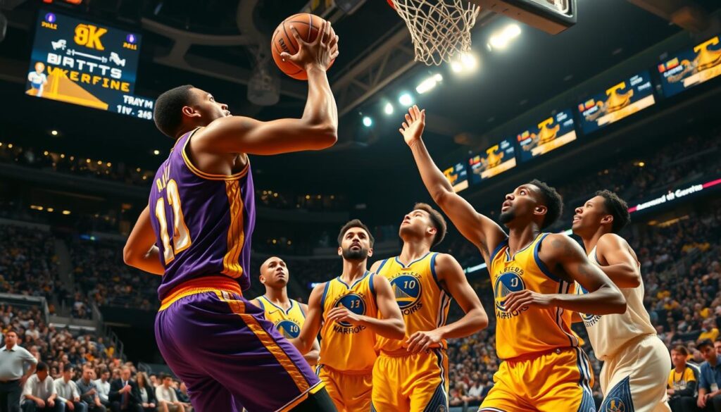 A dynamic basketball scene capturing the intense matchup of Anthony Davis against a small ball lineup. In the foreground, portray Anthony Davis in a sleek, purple and gold Lakers uniform, showcasing his exceptional height and skill as he goes for a rebound. Surround him with shorter, agile Warriors players showcasing their small-ball strategy, all in vibrant blue and yellow jerseys. In the middle ground, emphasize the scrappy battle for possession, with the tension palpable in their focused expressions. The background features a bustling crowd in a modern arena, illuminated by dramatic lighting that highlights the action. The atmosphere is electric, conveying the competitive spirit of this classic rivalry, shot from a low angle to emphasize the players' intensity and athleticism. A dynamic basketball scene capturing the intense matchup of Anthony Davis against a small ball lineup. In the foreground, portray Anthony Davis in a sleek, purple and gold Lakers uniform, showcasing his exceptional height and skill as he goes for a rebound. Surround him with shorter, agile Warriors players showcasing their small-ball strategy, all in vibrant blue and yellow jerseys. In the middle ground, emphasize the scrappy battle for possession, with the tension palpable in their focused expressions. The background features a bustling crowd in a modern arena, illuminated by dramatic lighting that highlights the action. The atmosphere is electric, conveying the competitive spirit of this classic rivalry, shot from a low angle to emphasize the players' intensity and athleticism.