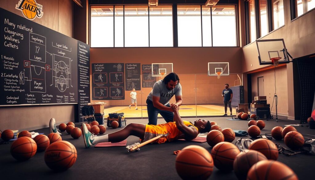 A dynamic scene illustrating the Los Angeles Lakers' injury management strategy, showcasing a training facility. In the foreground, a professional trainer assists a player in a rehabilitation exercise, both dressed in Lakers team colors. The middle ground features a large chalkboard with detailed diagrams of player rotations and notes about G League call-ups. Several basketballs and equipment are scattered around, emphasizing an active training environment. In the background, large windows let in warm, inviting light, illuminating a glimpse of a basketball court. The atmosphere is focused and optimistic, reflecting a spirit of resilience and teamwork amidst challenges. The composition uses a slightly elevated angle for depth and perspective, enhancing the training context.