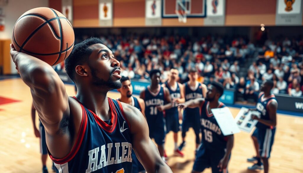 A dynamic sports scene featuring a diverse group of basketball players, each in professional team jerseys, intensely practicing on a well-lit court. In the foreground, show a focused player executing a smooth jump shot, his expression determined, with sweat glistening. The middle ground includes teammates engaged in strategic discussions, pointing at a tactical meeting board, showcasing teamwork. The background features a vibrant crowd, capturing the excitement and energy of game day. Use warm lighting to reflect the intensity of the moment, with a wide-angle lens to emphasize the action and camaraderie. The mood is motivational, displaying the theme of perseverance and adaptation in the face of challenges.