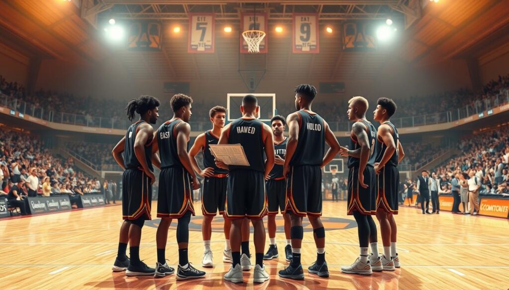 A vibrant sports-themed image showcasing an indoor basketball court under bright arena lights, filled with a sense of anticipation and strategy. In the foreground, illustrate a diverse group of five basketball players (Christie, Reddish, Rui, Hayes, Wood, and Vincent) in professional athletic wear, engaged in a dynamic team huddle, strategizing about game rotations. The middle ground features a coach with a clipboard, intensely analyzing player movements and stats, while detailed chalkboard strategies can be subtly visible on the sidelines. The background captures a cheering crowd, creating an electric atmosphere filled with teamwork and hope. The lighting should be high contrast, emphasizing the players while casting soft shadows for depth. The angle should be slightly elevated to encapsulate the entire scene, conveying a sense of camaraderie and focus in a high-pressure moment.