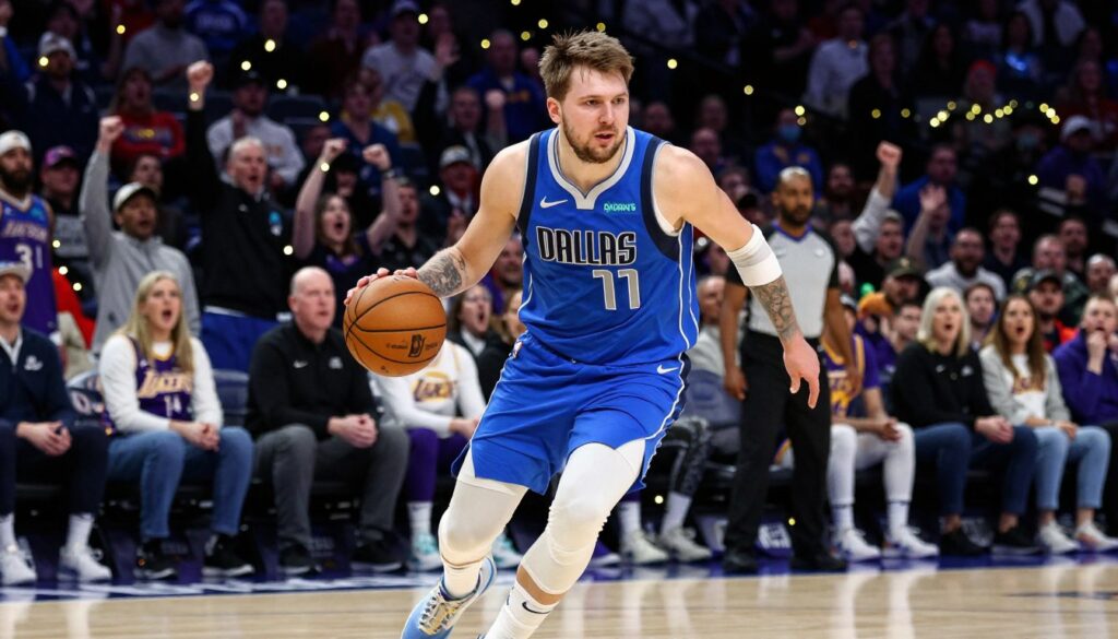 A dynamic basketball scene featuring Luka Doncic dribbling a ball, showcasing a powerful yet graceful movement on the court. He is dressed in a modern Dallas Mavericks uniform, with vibrant blue and silver colors. In the foreground, capture Luka's focused expression, highlighting his determination and skill. The middle ground includes a cheering crowd wearing Mavericks and Lakers jerseys, creating an energetic atmosphere. The background displays a blurred outline of the Staples Center, illuminated with festive holiday lights, symbolizing a Christmas Day game. Use dramatic lighting to create sharp contrasts and enhance the action, with a slight upward angle to emphasize Luka's agility and stature on the court. The overall mood is electric and hopeful, suggesting a new chapter for the post-LeBron Lakers era. A dynamic basketball scene featuring Luka Doncic dribbling a ball, showcasing a powerful yet graceful movement on the court. He is dressed in a modern Dallas Mavericks uniform, with vibrant blue and silver colors. In the foreground, capture Luka's focused expression, highlighting his determination and skill. The middle ground includes a cheering crowd wearing Mavericks and Lakers jerseys, creating an energetic atmosphere. The background displays a blurred outline of the Staples Center, illuminated with festive holiday lights, symbolizing a Christmas Day game. Use dramatic lighting to create sharp contrasts and enhance the action, with a slight upward angle to emphasize Luka's agility and stature on the court. The overall mood is electric and hopeful, suggesting a new chapter for the post-LeBron Lakers era.