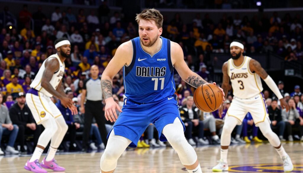Luka Doncic is captured in a dynamic basketball pose, showcasing his intense focus and determination while dribbling the basketball. He is dressed in the Dallas Mavericks' signature blue and white jersey, with a professional and athletic demeanor. The foreground features him in sharp detail, emphasizing his expressive facial features and dynamic motion. In the middle ground, teammates can be seen engaging with separate plays, creating a sense of teamwork and competition. The background reveals a vibrant Staples Center crowd, filled with Lakers fans in purple and gold, and a spotlight illuminating Doncic. The lighting is bright, with a slight dramatic flair, mimicking the excitement of a live basketball game. The image conveys an atmosphere of anticipation and rivalry, perfectly embodying the competitive spirit of the upcoming match. Luka Doncic is captured in a dynamic basketball pose, showcasing his intense focus and determination while dribbling the basketball. He is dressed in the Dallas Mavericks' signature blue and white jersey, with a professional and athletic demeanor. The foreground features him in sharp detail, emphasizing his expressive facial features and dynamic motion. In the middle ground, teammates can be seen engaging with separate plays, creating a sense of teamwork and competition. The background reveals a vibrant Staples Center crowd, filled with Lakers fans in purple and gold, and a spotlight illuminating Doncic. The lighting is bright, with a slight dramatic flair, mimicking the excitement of a live basketball game. The image conveys an atmosphere of anticipation and rivalry, perfectly embodying the competitive spirit of the upcoming match.