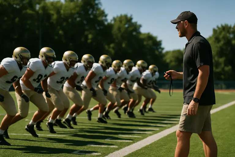 Football players run drills together during a structured high school practice