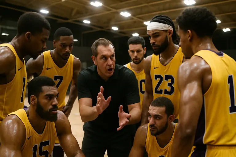 Basketball players and coaches gathered during a timeout in a packed arena