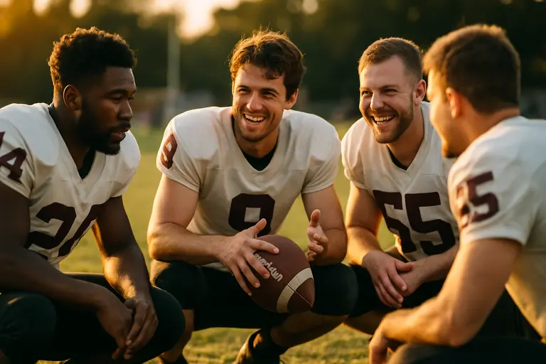 A coach speaks to high school football players during a sideline timeout