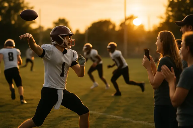Community college athletes training on a field beside a campus sports facility