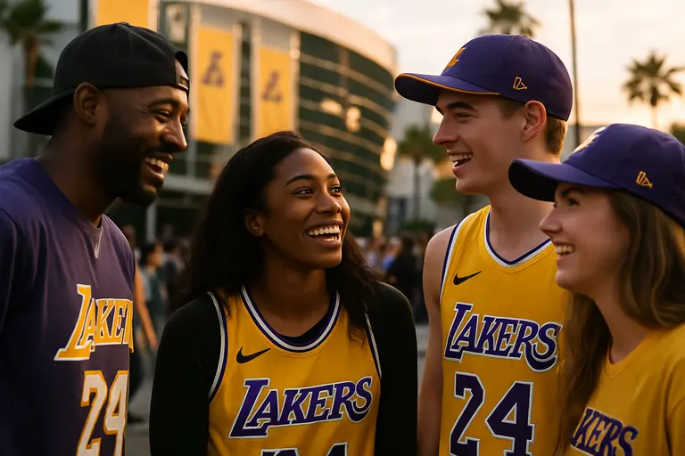 Fans walking near a downtown Los Angeles arena before a basketball game