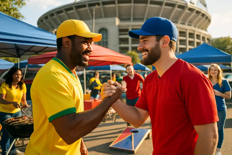 Traveling college football fans gathering near a neutral-site venue