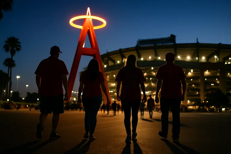 Wide view of Angel Stadium parking areas surrounding the ballpark