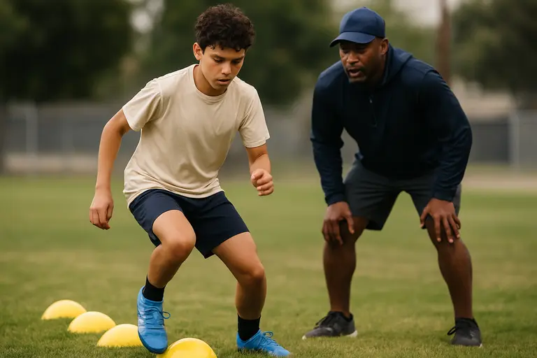 A high school receiver runs a route while a defensive back trails in coverage