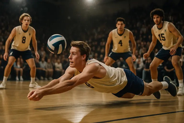 A libero digs a hard-driven volleyball during a college rally