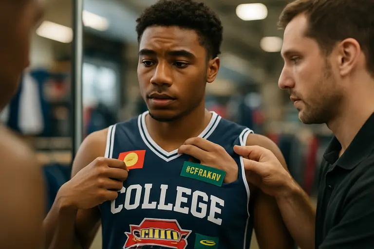 Athletes reviewing uniforms and equipment before a college practice