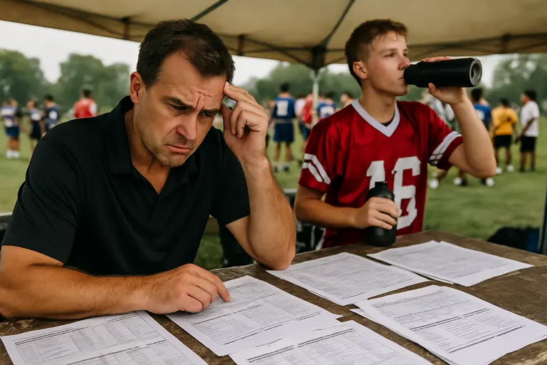 Athletic staff review flag football schedules beside a school field