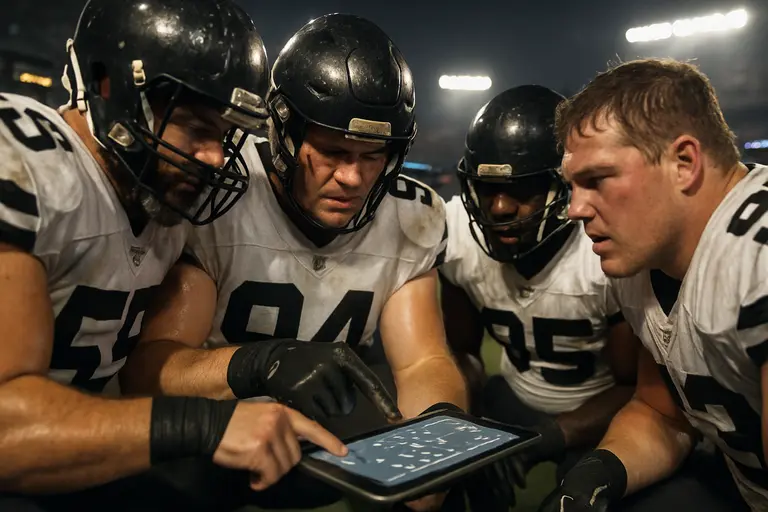 Defensive linemen driving through blocking pads during practice