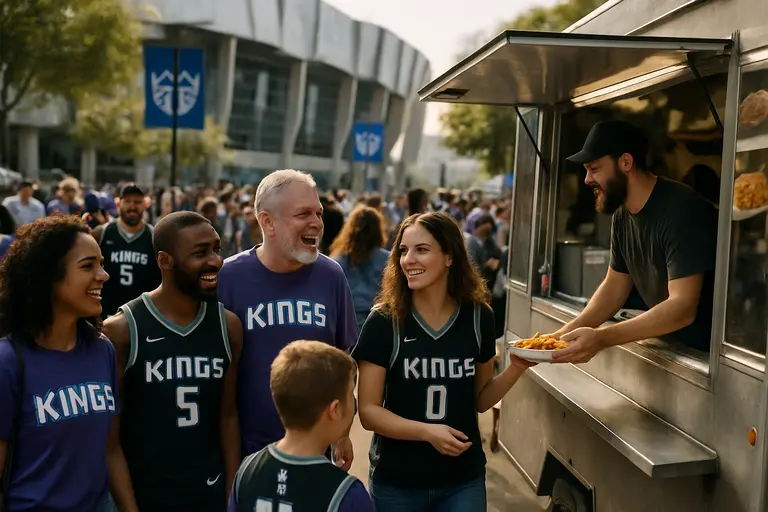 Fans walking toward a downtown Sacramento arena before a night game