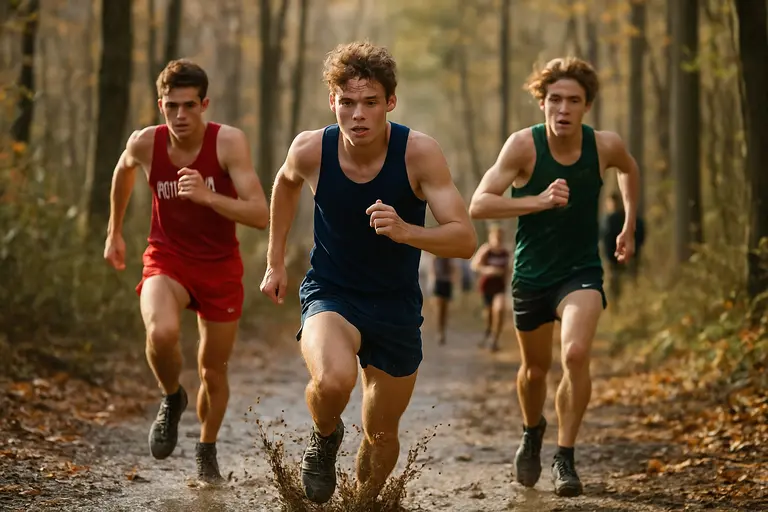 High school cross country runners climb a grassy course during a fall meet